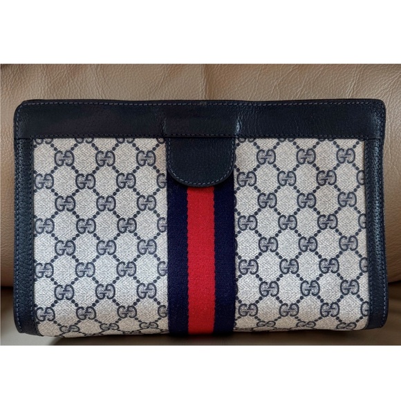 Certified Authentic Vintage Gucci Web Canvas Navy Leather Velcro Clutch, COA - Picture 3 of 12